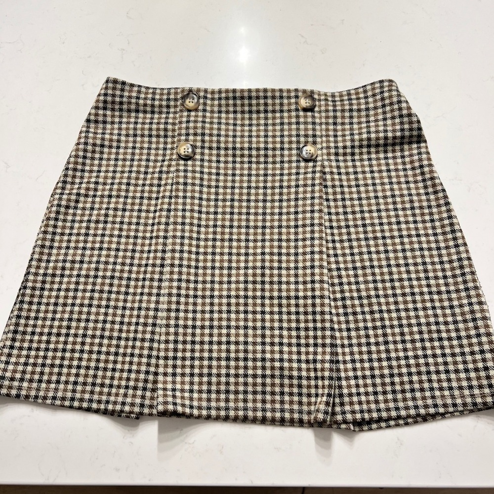 Limonata Brown Black Houndstooth Plaid Mini Skirt Button Front PR1795 Size L